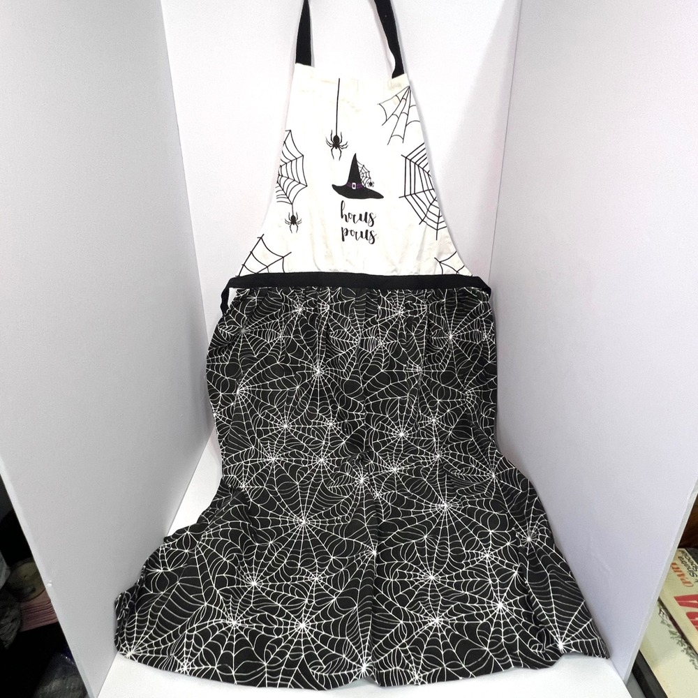 Hocus Pocus Cotton Apron Witchy Halloween Spider Web Witch Hat Cook Black White